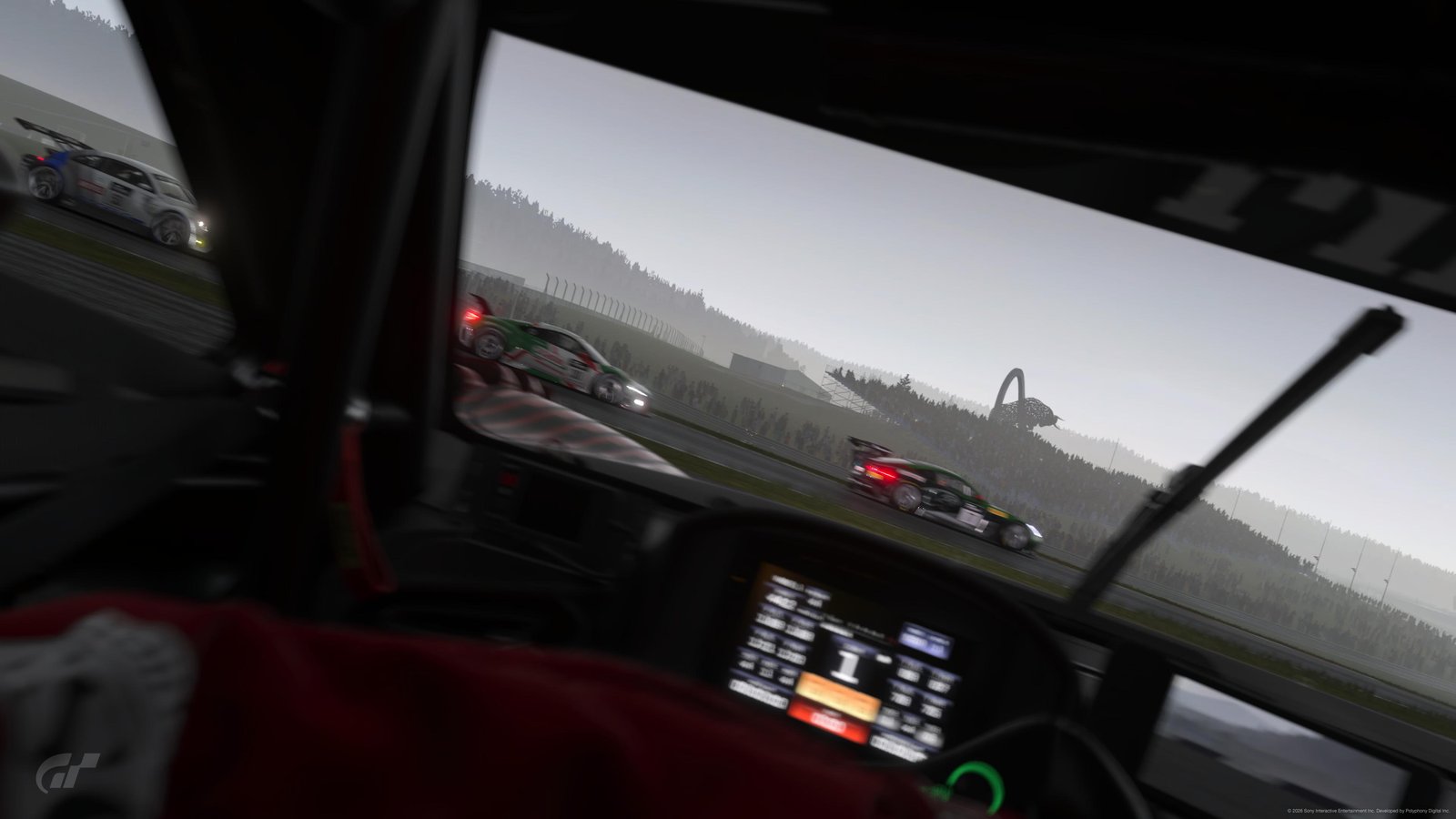GT7 cockpit POV — pack racing in dense fog at twilight, multiple cars with red brake lights through the mist