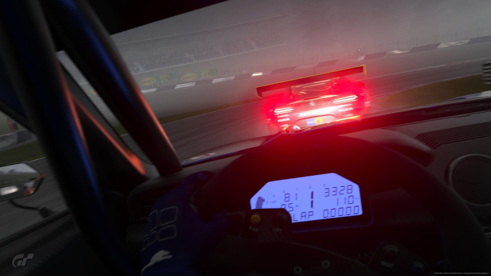 GT7 cockpit POV — heavy braking under red brake lights through the rain, classic coaching moment